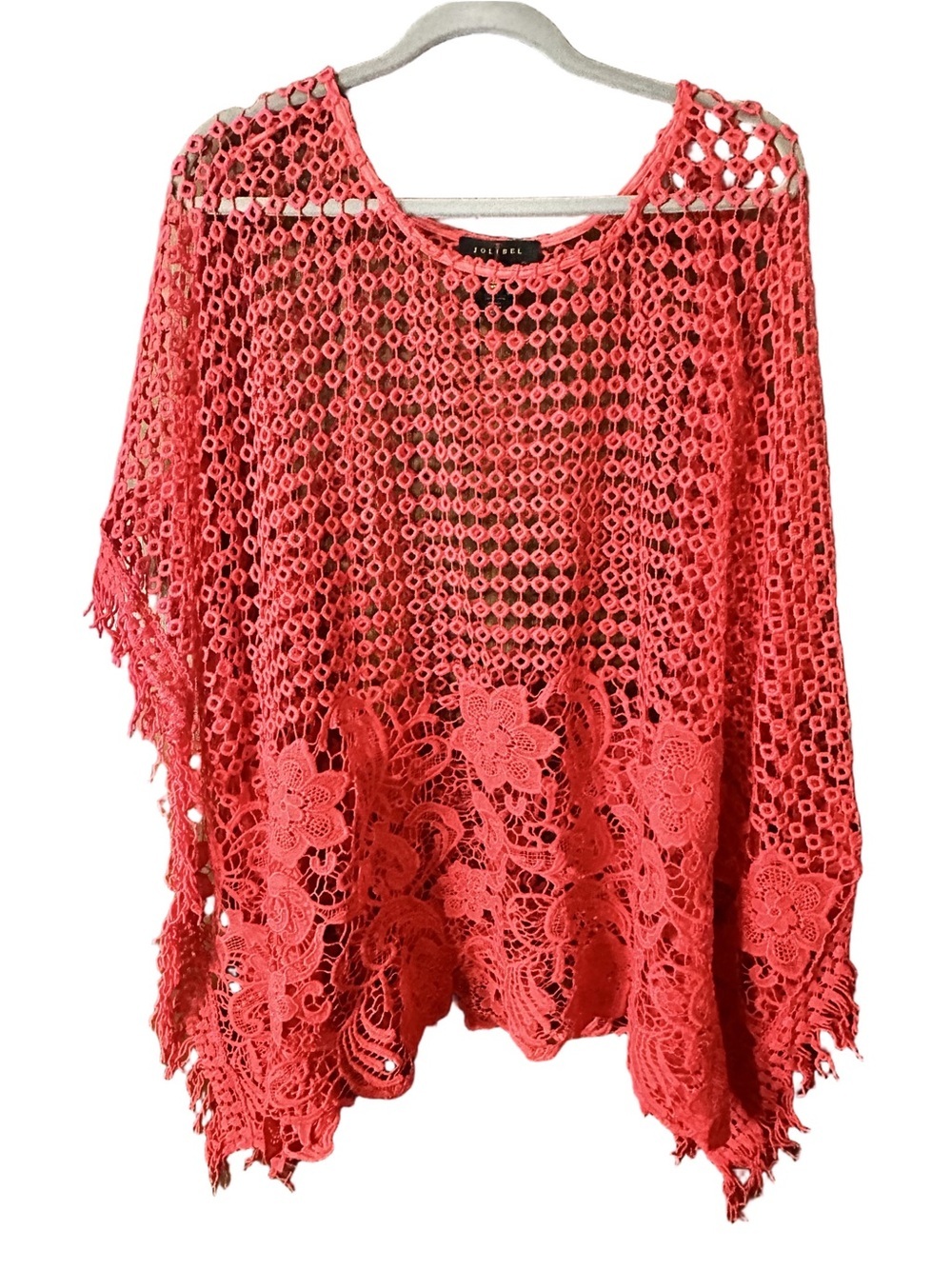 Jolibel Coral Crochet Floral Fringe Poncho Sweater Kaftan Coverup Sz Large